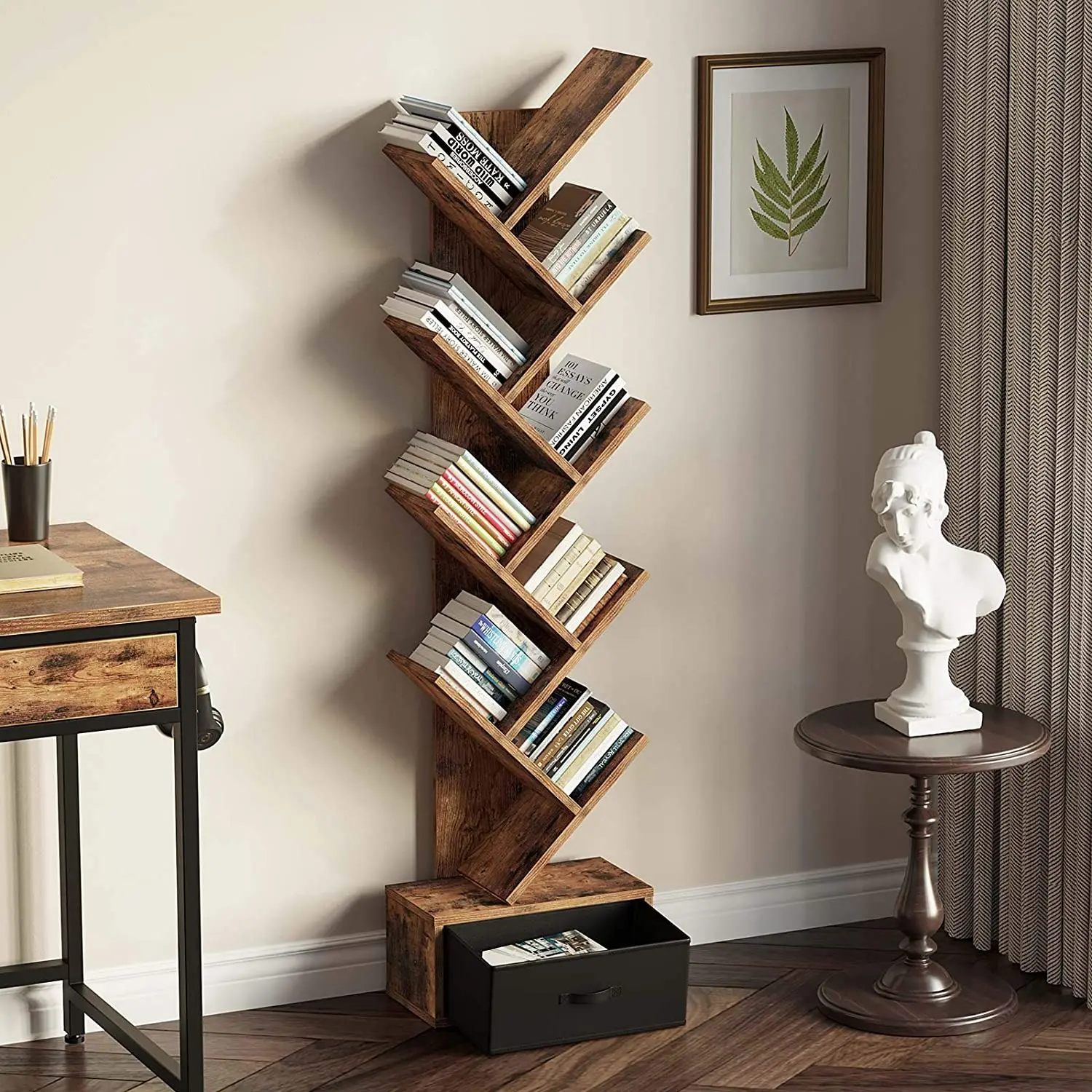 Tree Shelf with Drawer 8-tier Country Brown Bookcase Retro Wood Storage Rack for CD/Movie/Book Useful Storage Living Room  Home