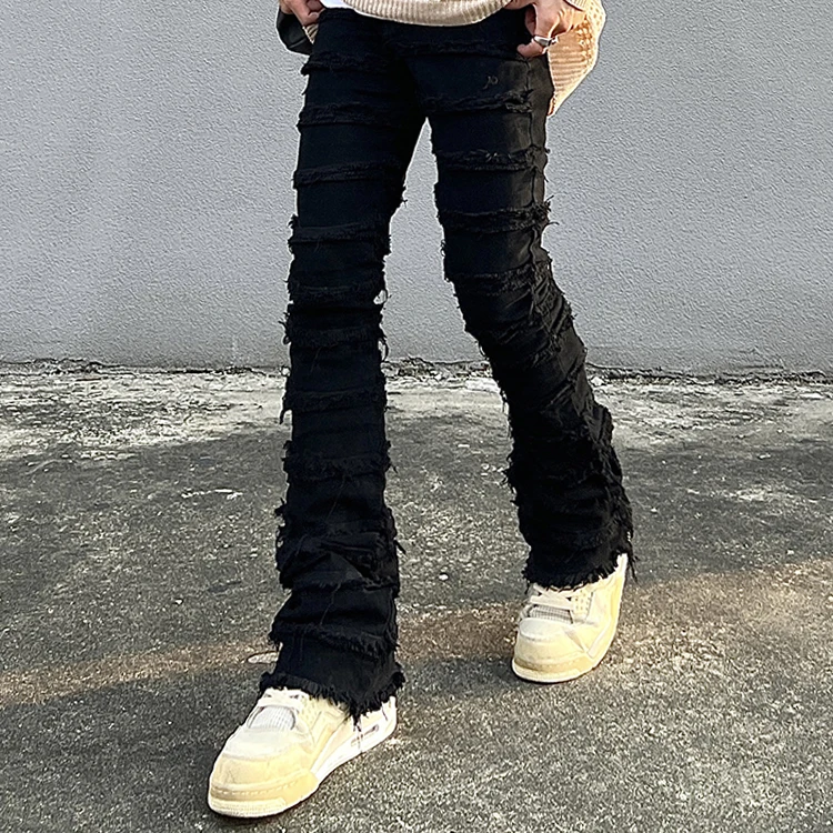 HUILI High Street Wholesale Custom Straight Leg distressed raw hem Stacked Flare jeans men