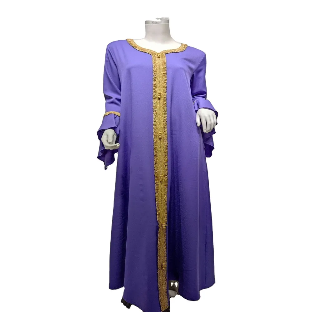 Malaysia Turkey Women Islamic Clothing Lotus Sleeve Embroidered Gold LaceJalabiya Muslim Baju Kurung Malaysia Kebaya Dress