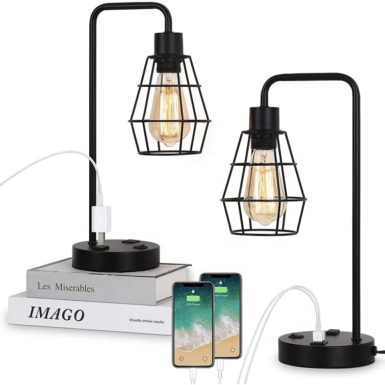Modern Black Bedside Lamp With Dual Usb Charging Ports And Ac Outlet Lamp With Metal Cage Shade