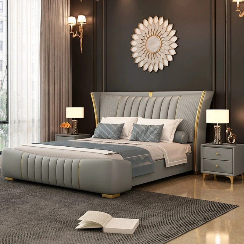 Home King Size Big Headboard Leather Upholstered Italian Style Modern Luxury Bed Room Frame Set Bed room Furniture