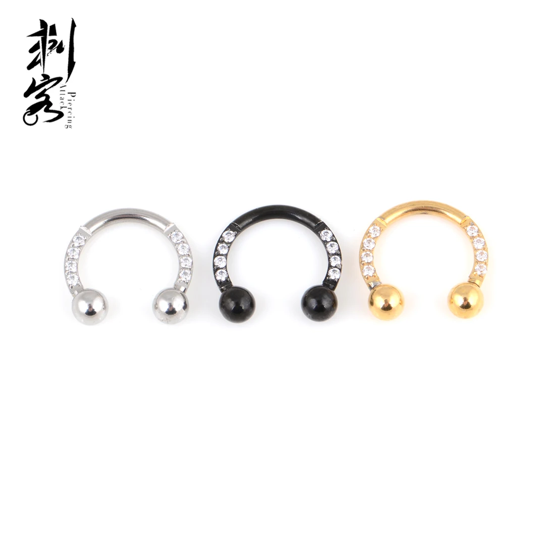 316L Surgical Steel Circular Barbells Horseshoe Rings with Pave CZ on Each Side