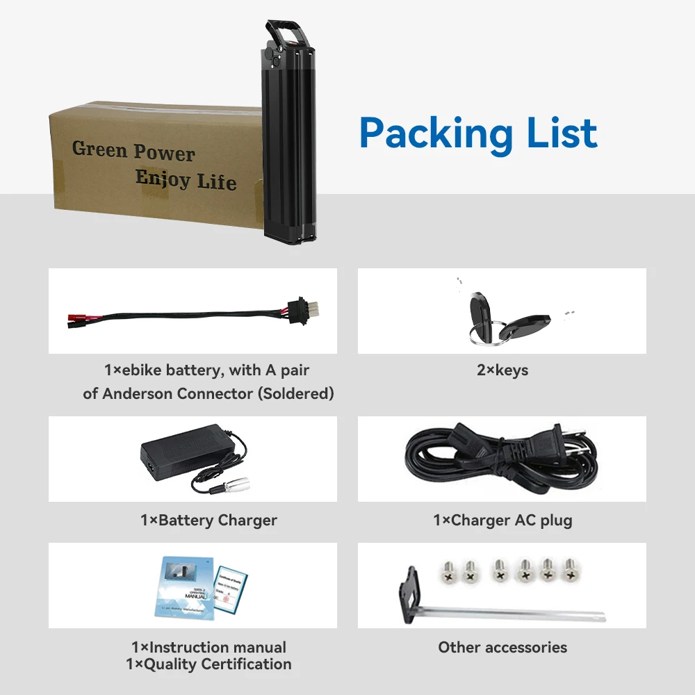 48V13Ah 36V15Ah US in Stock Silver Fish Rechargeable batteries Lithium ion Ebike Battery with 30A BMS  Battery Pack