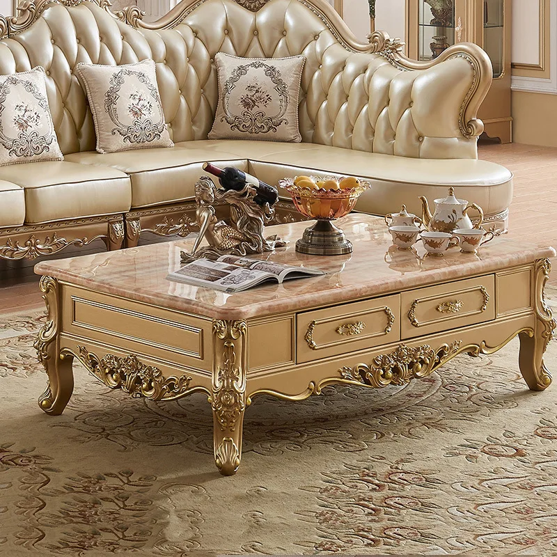 Antique Living Room Coffee Table Solid Wood Carved Tea Table Marble Top Sofa Center Table For Home Project Furniture