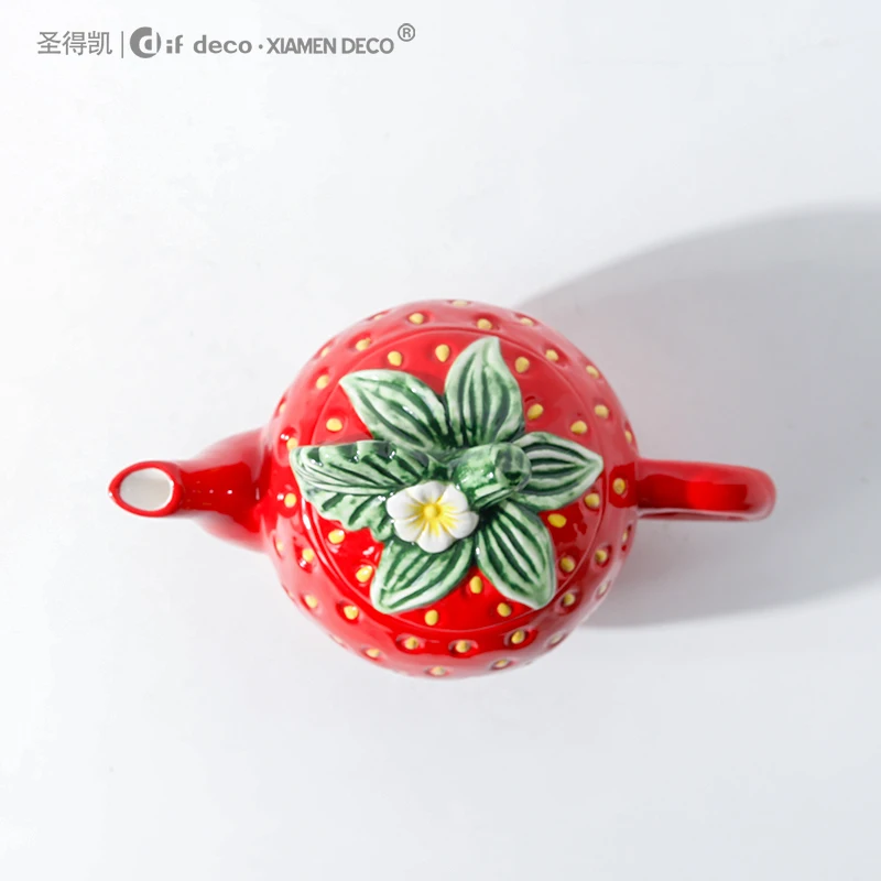 Custom Logo Fruit Design strawberry Teapot Ceramic Tea Cup and Pot Set Wholesale