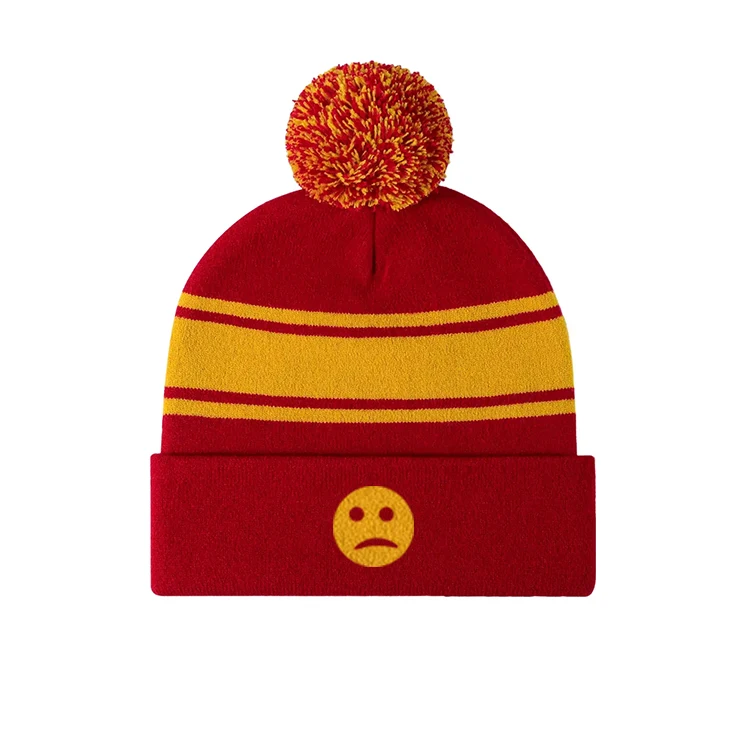 Wholesale Custom Men Bobble Hat Jacquard Embroidery Logo Football Beanie Hat With Pom Pom
