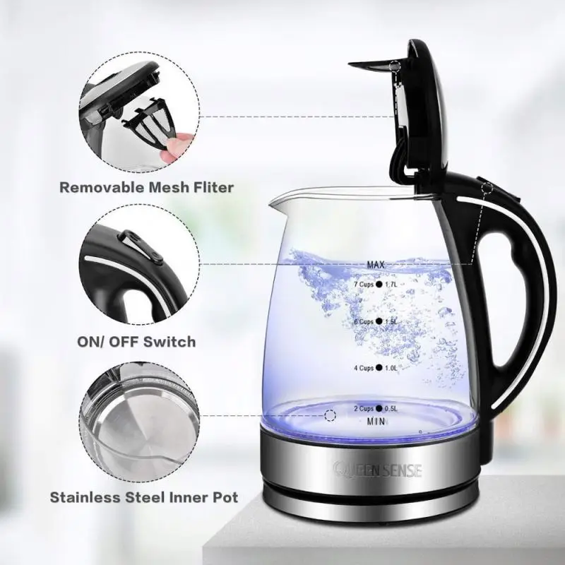 360 Degree Rotational Base high stilbene led light electric glass kettle for office home hotel