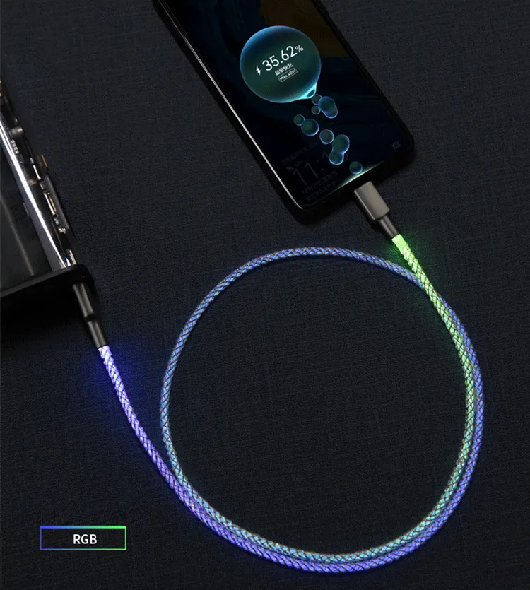 2022 new release RGB LED USB cable 6A 3ft LED Light Up Visible Flowing Charging Cords USB C Cable