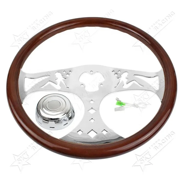 18inch 450mm Chrome 3 Spoke Wooden Girl Pattern Solid Wood Semi Trailer Truck Steering Wheel for Freightliner Kenworth Peterbilt