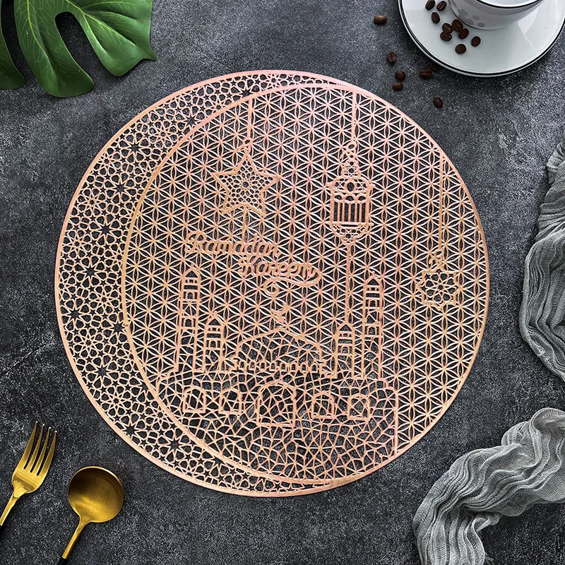 38cm PVC Gold EID Mubarak Ramadan Kareem Muslim Round Placemats Ramadan Kareem PVC Tablemat For Islamic Muslim Holiday