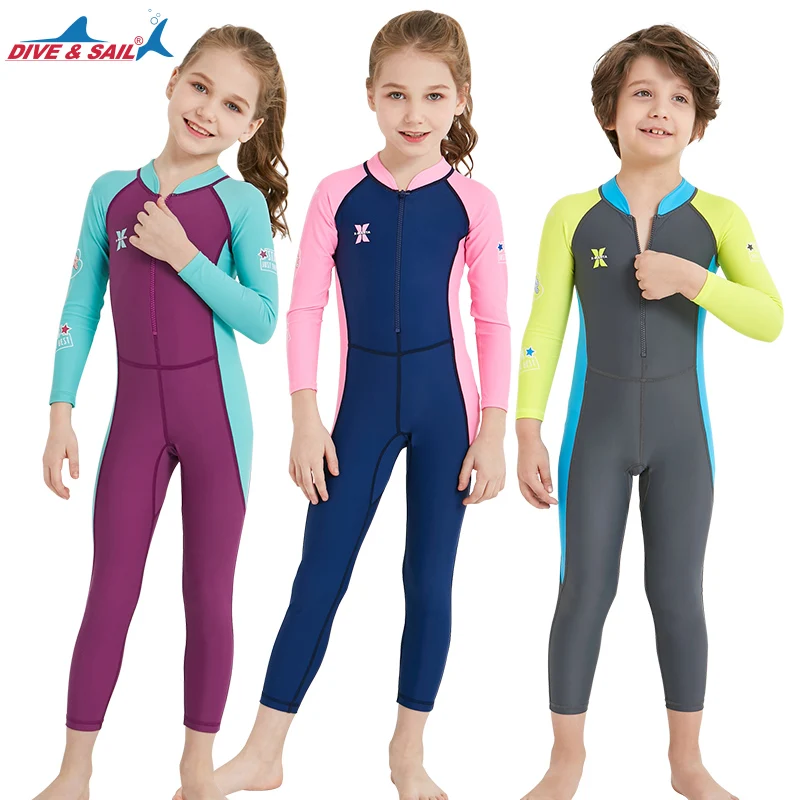 New Kids Long Sleeve Swimming Suit Child Front Zip Summer Beachwear Uv Rash Guard Swimsuit Wetsuit For Boys Girls