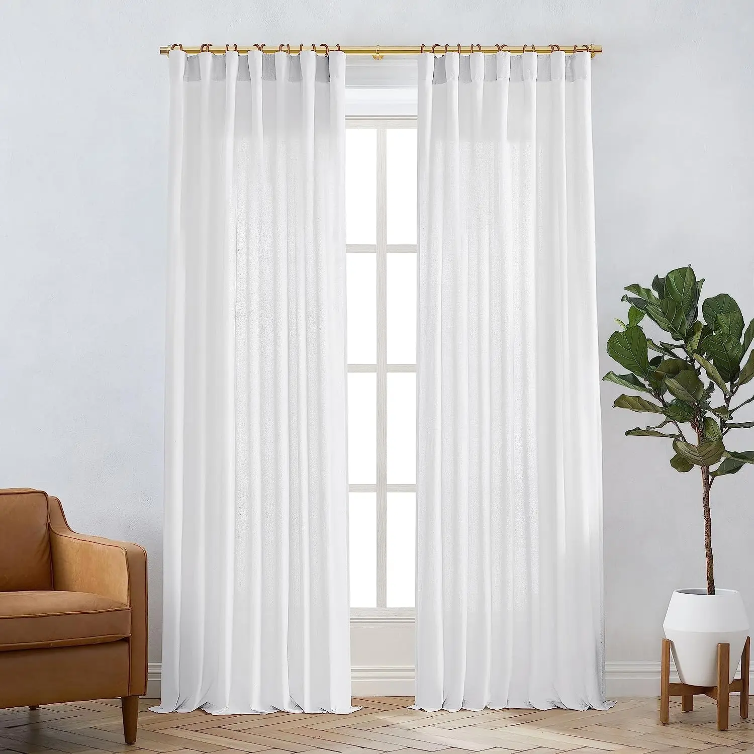 Linen Curtains white  Heading Tape Hooks for Track System Back Tab, Flax Weave Sheer Extra Long Curtains for Living Room Bedroom