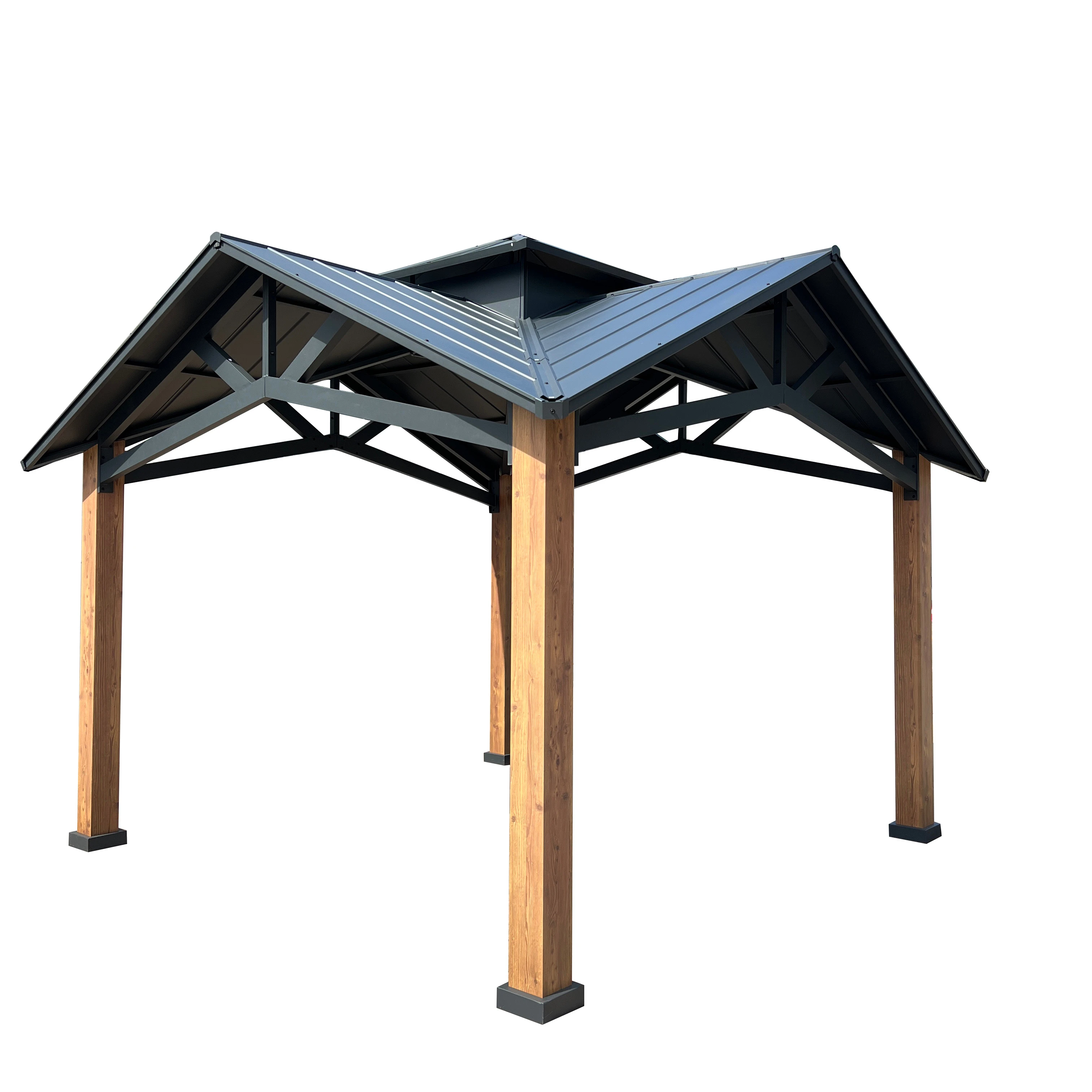 12x12' Gorgeous Galvanized Hardtop Waterproof Roof Metal Aluminum Patio Gazebo With Wood Grain