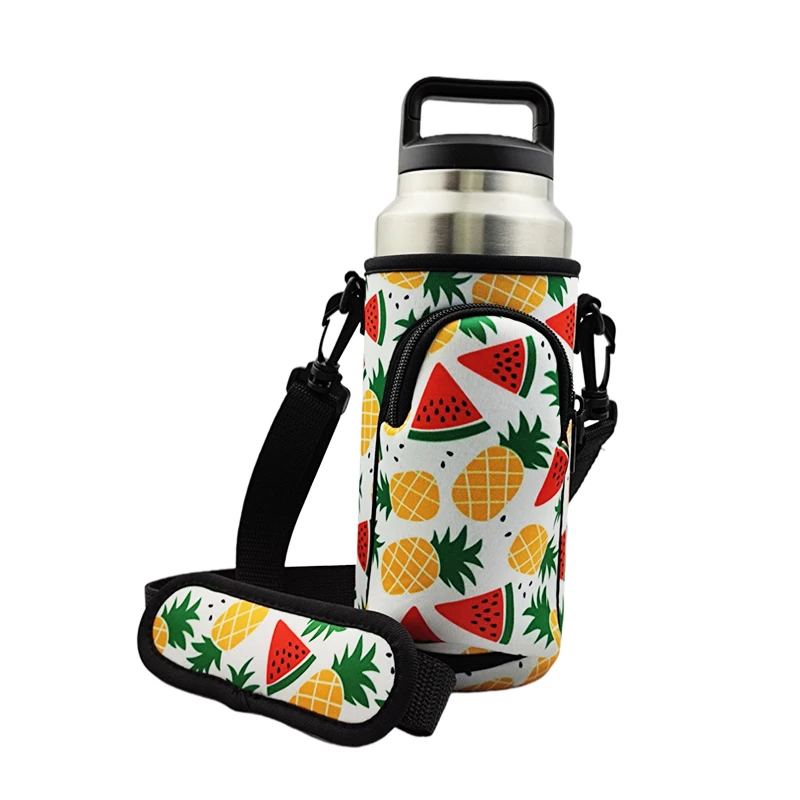 Fruit Pattern Neoprene Water Bottle Holder with Shoulder Strap Motivational 2.2 l Gallon Drinks Sleeve with and Phone Pouch