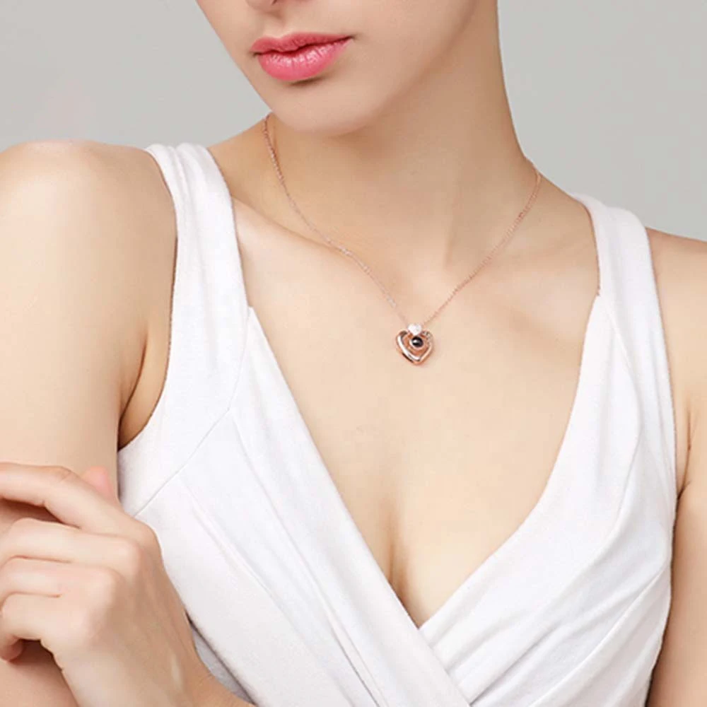 Best Jewelry Fashion  925 Sterling Silver Two Menth Way Wear Nano Engraved 100 Languages I LOVE YOU Double Heart Necklace