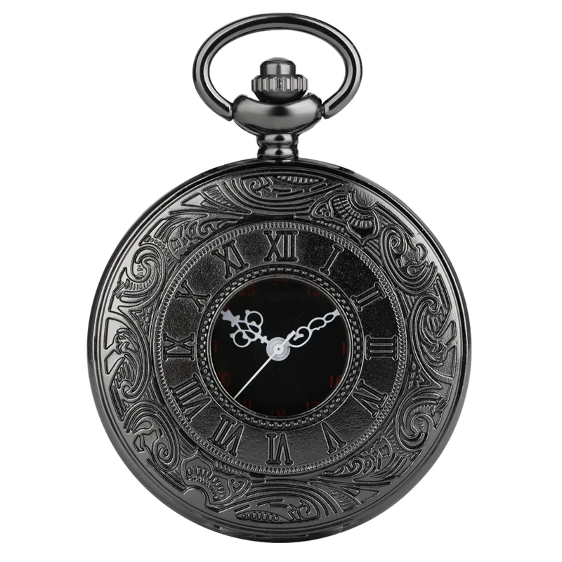 PK1  Black Roman Numerals Quartz Pocket Watch Men Women Black Hollow Case Steampunk Vintage Pendant Necklace  Watch