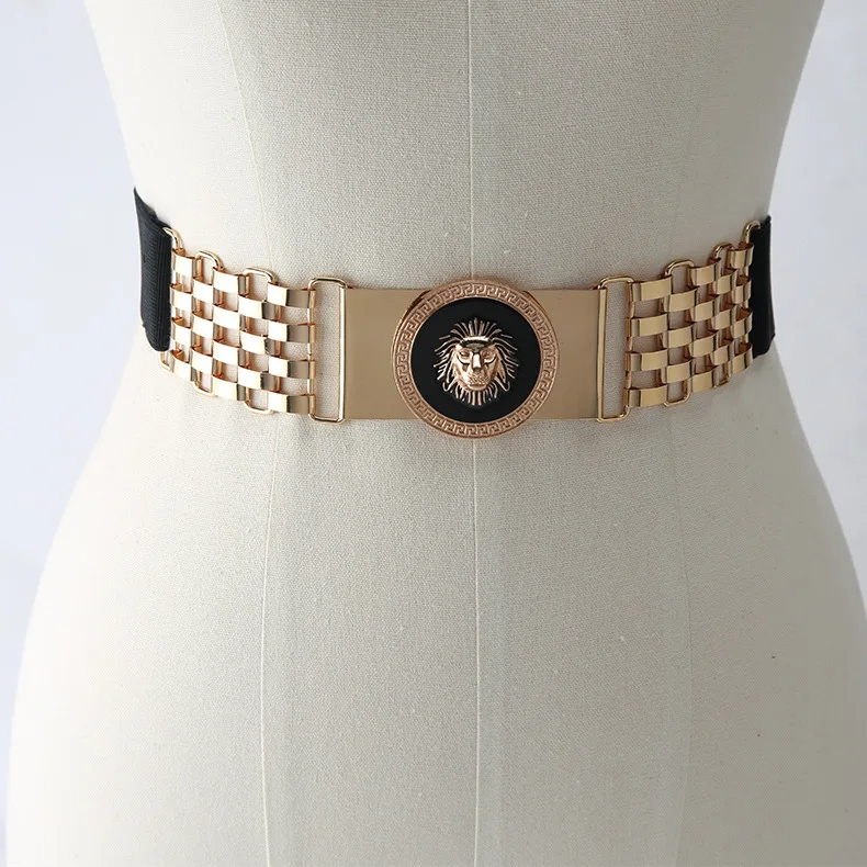 Black Elastic Gold Heart Chain Belts, Lion Head Decoration Stretch Belts for Women
