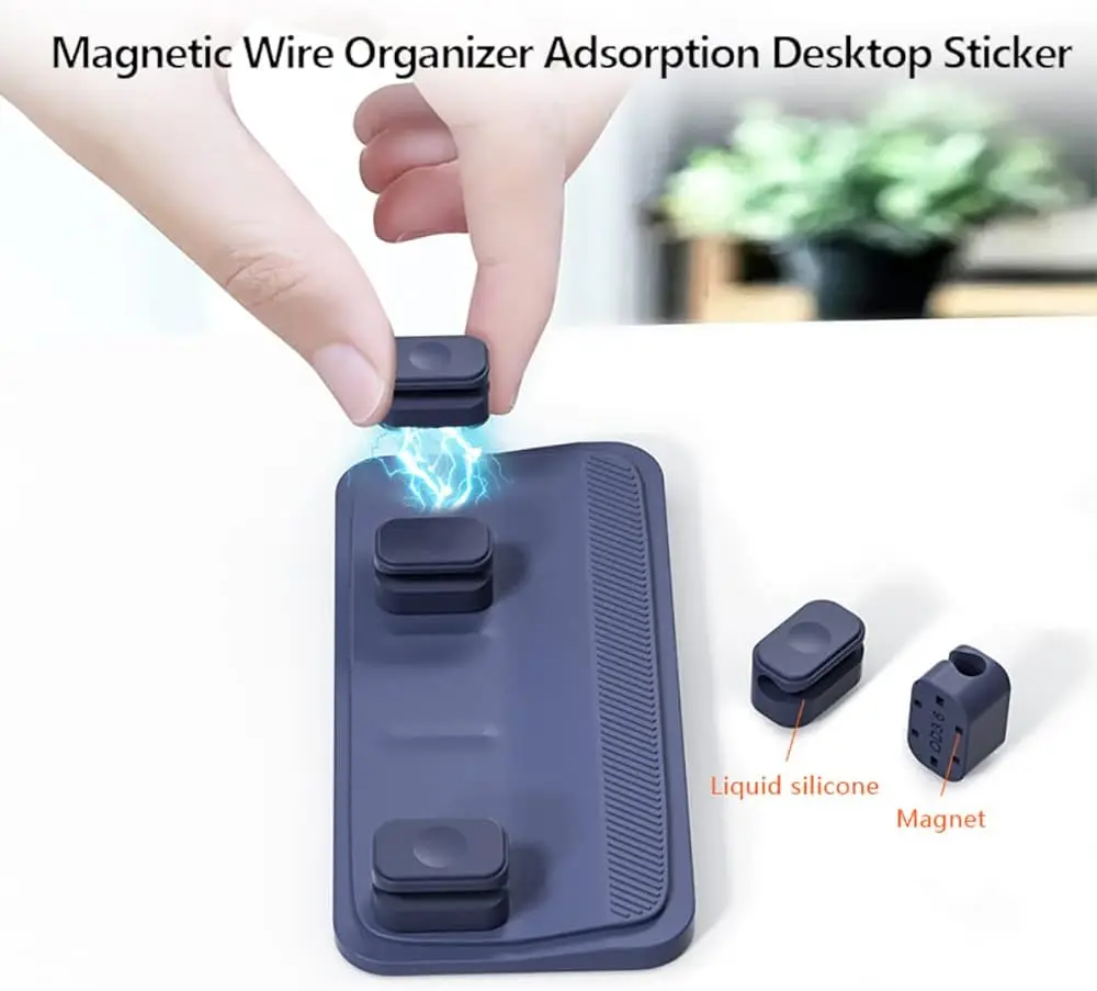 Desktop Multipurpose Cord Keeper 5 Clips for 3 in 1 Cables Sticks Wood Marble Metal Glass Cord Management Magnetic Cable Holder