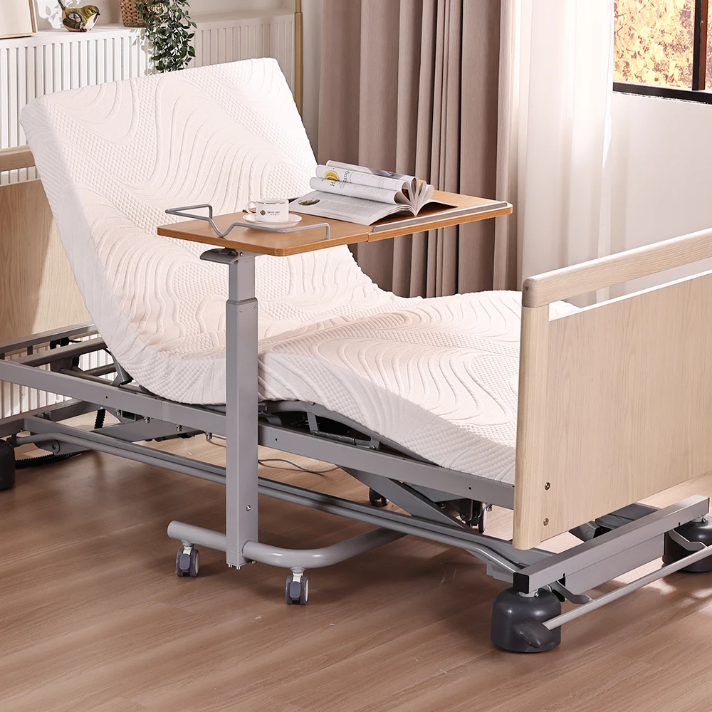 Tecforcare adjustable overbed table with wheels Pneumatic rod medical overbed bedside table wooden over the bed table