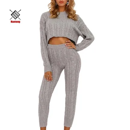 
Wholesale Casual Cable Knit Crop Top Winter Women High Quality Pants Knitted Sweater Suit Set 