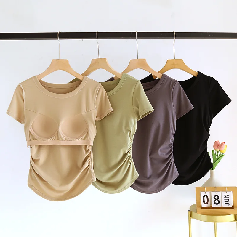 Factory Direct Short Sleeves With Bra Pads Swallow-tailed Hem T Shirt For Women Comfortable Slim Round Neck Bottom Shirt