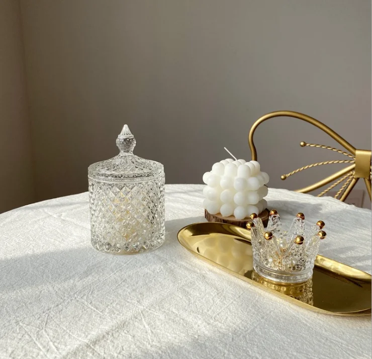 Empty wholesale 8oz clear geo cut diamond crystal glass candle candy jar container with box
