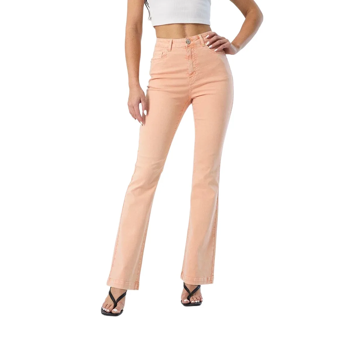 New Fashion Orange Colored High Waist Skinny Flare Jeans for Women Trendy Stretchy Wide Leg Pants Casual