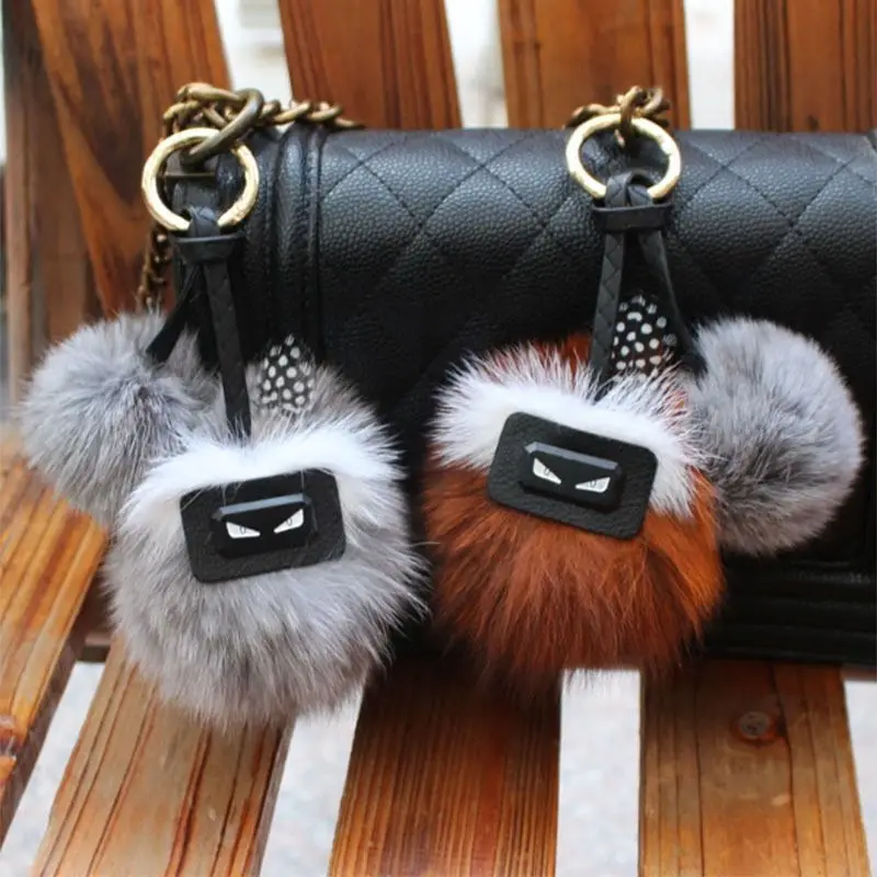 New designer fluffy plush keyring pendant animal bag charm real fox fur puff car key chain pompom Luxury keychain