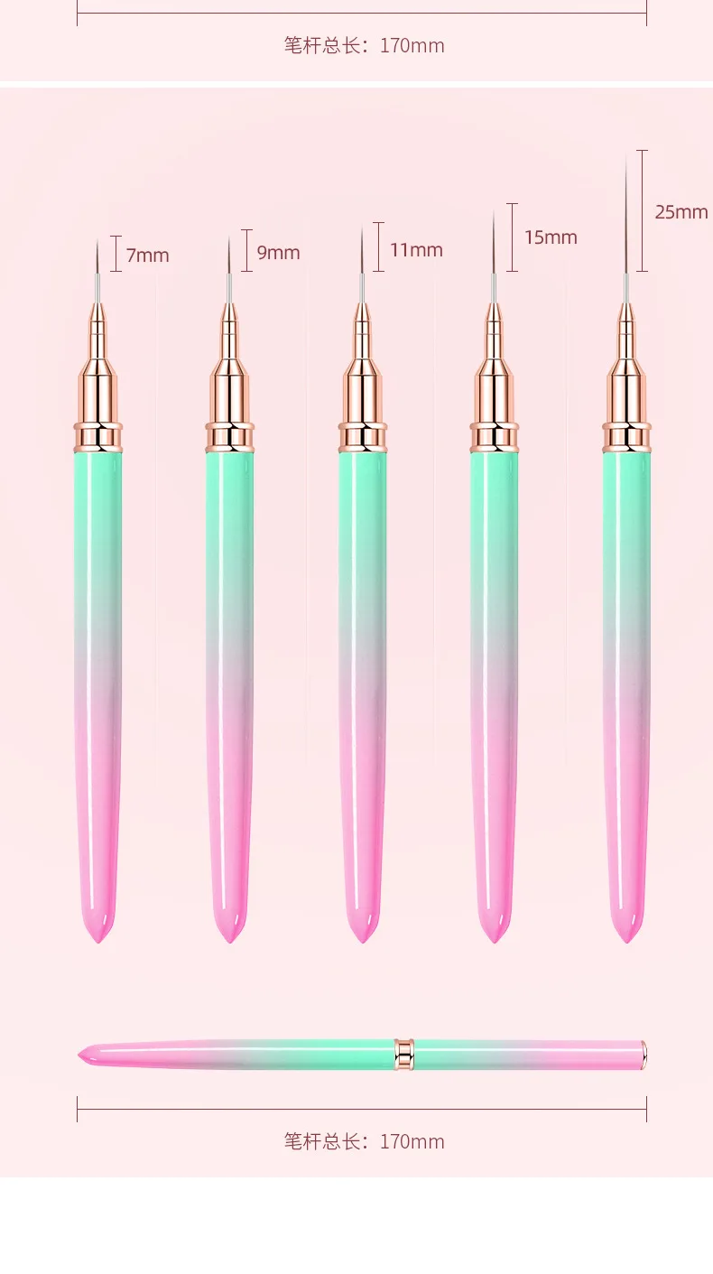Professional 5pcs 7/9/11/15/25mm ultra-fine Gel Liner Nail Art Brush For Nail Salon Tool Pink Acrylic Nail Art Liner Brush Pen