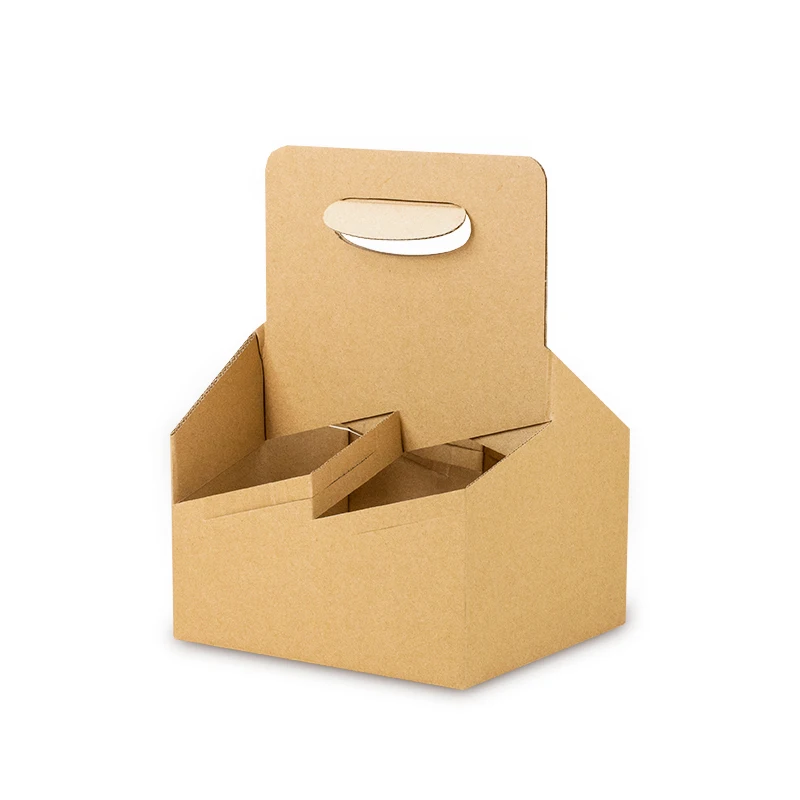Customized  Hot Drink Cardboard Cup Holder Tray Takeaway Cup Carrier With Handle Kraft Take Out Coffee Paper Cup Holder Tray