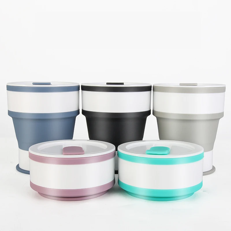 Wholesale 550mlReusable Foldable Silicone Folding Rubber Drinking Collapsible Travel Silicone Coffee Cup with Lids