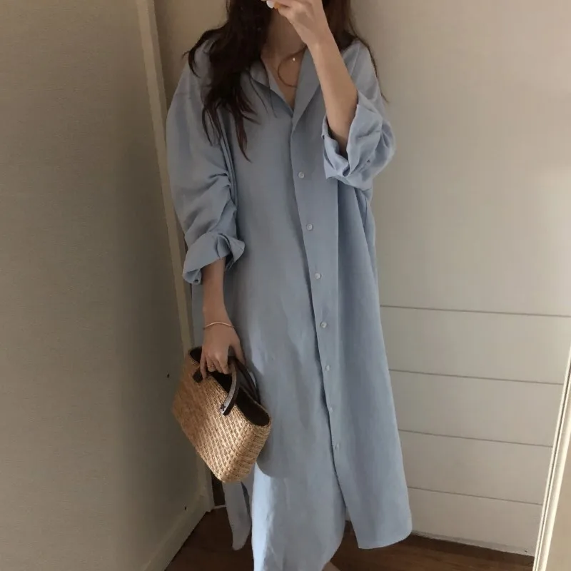 PDEP  Korea lazy wind simple long over the knee shirt dress solid colour lapel cardigan long sleeve cotton dresses women casual