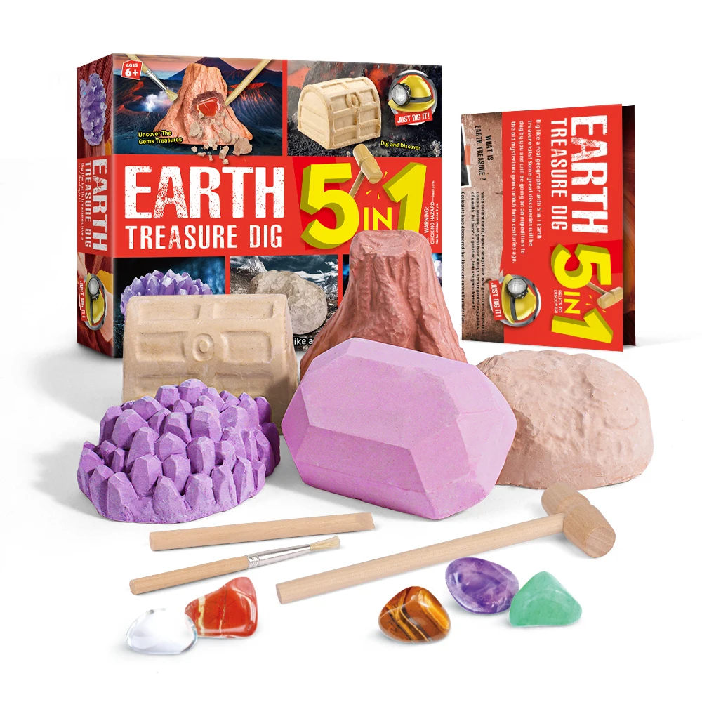 DIY 5 in 1 child gift kid educational eco friendly stone collection earth treasure dig gems excavation kit rock dig toy