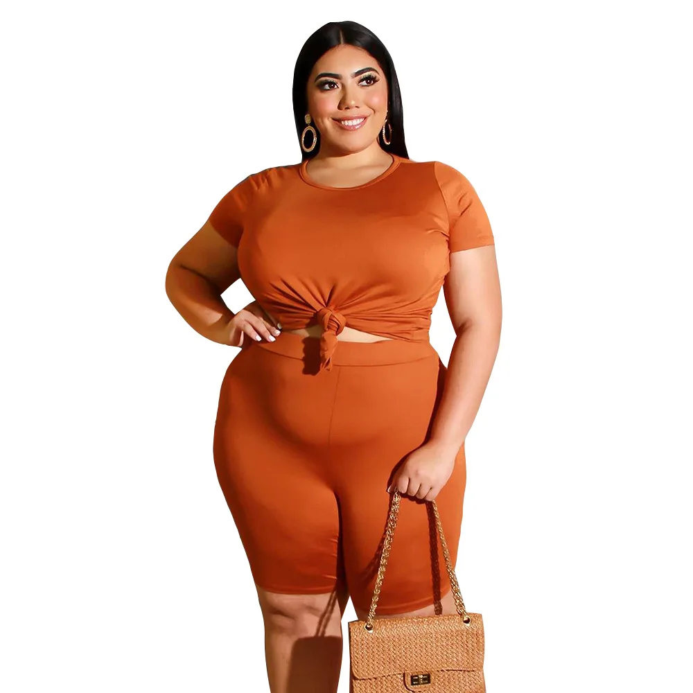 
2020 Wholesale Custom Logo Plus Size Women Summer Shorts and Crop Top Sexy Two Piece Biker Shorts Set 