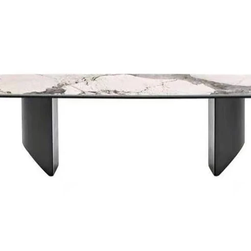 2021 new high-end custom home furniture hotel restaurant rock slab countertop stainless steel table leg long dining table
