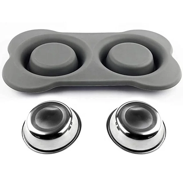 Non Spill Amazon Hot Selling Customize Logo Double Stainless Steel Portable Pet Dog Water Print Dog Supply Bowl