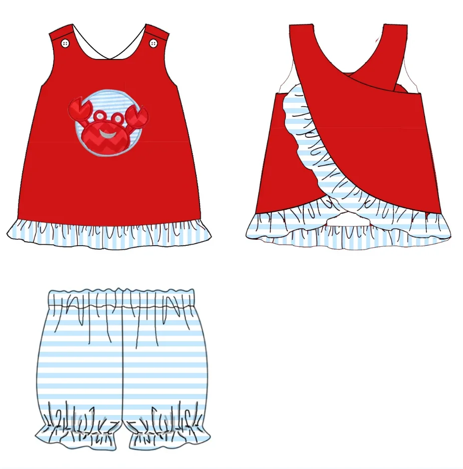 High Quality Kids Boys Red Top Summer Crab design Boutique children Outfit toddlers Applique summer smocked set