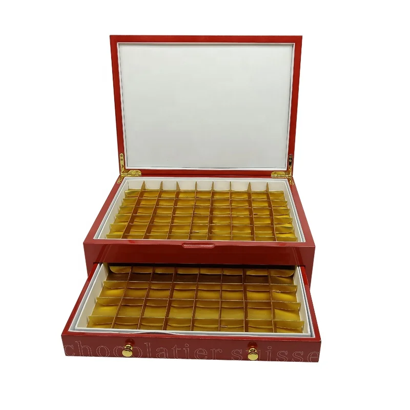 Red candy case wooden chocolate packaging box with multiple compartments