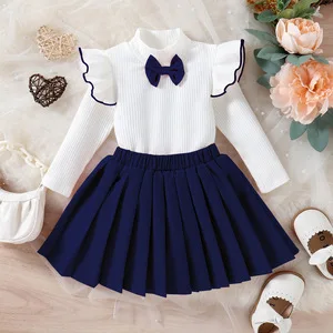 Autumn Flying Sleeve Cute Bow Top Pleated Skirt Set For Girls Clothes Pit Strip Knitted Sweater Kid Clothing Wholesale For Girls