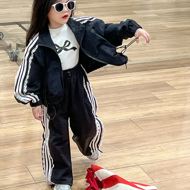 2024 New Fashion Toddler Children Girl Fall Clothing Set  Black Jacket + Joggers White Side Striped Sweatsuit Set 2-8 Years