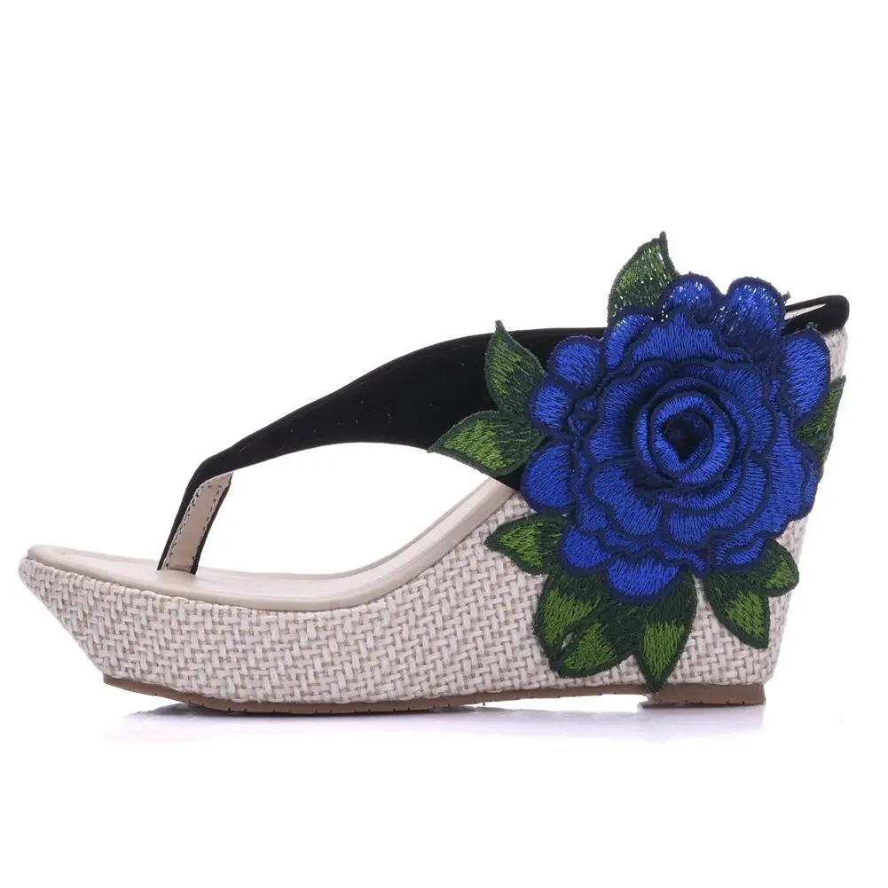 
Bohemia Waterproof Platform Heel Sandal beach flip-flops platform shoes embroidered slippers 