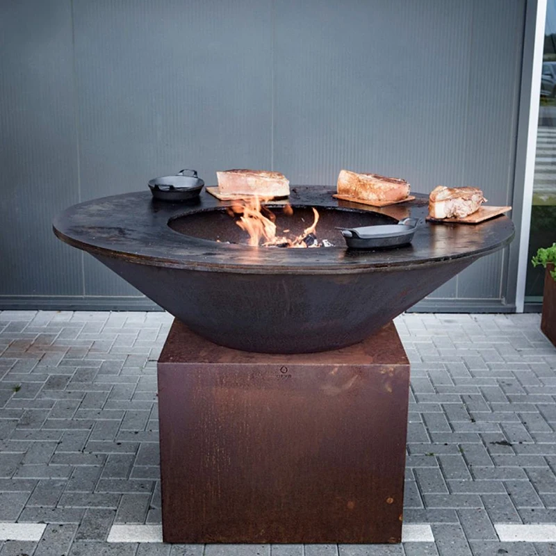 New Fireplace Wood Fired Smoker Brazier Kitchen Commercial Rusty Metal Fire Pit Outdoor Charcoal Corten Steel Barbecue Bbq Grill