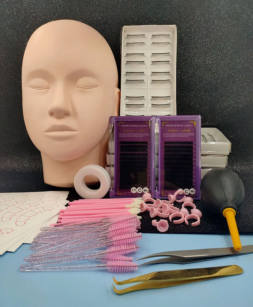 False Eyelash Extension Training Kit Practice Model Head Eye Pads Tweezers Glue Ring Brush Grafting Eyelash Tools Kit