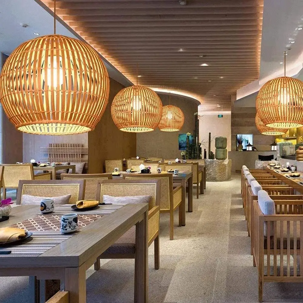 Crayom Round Bamboo Woven Chandelier Wooden Rattan Wicker Lampshade E27 Lamp Holder Adjustable Lamps