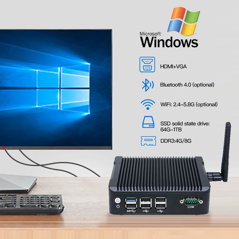 Двойной дисплей J1800 vga rs232/485 недорогой мини-Настольный ПК промышленный компьютер безвентиляторный мини-ПК