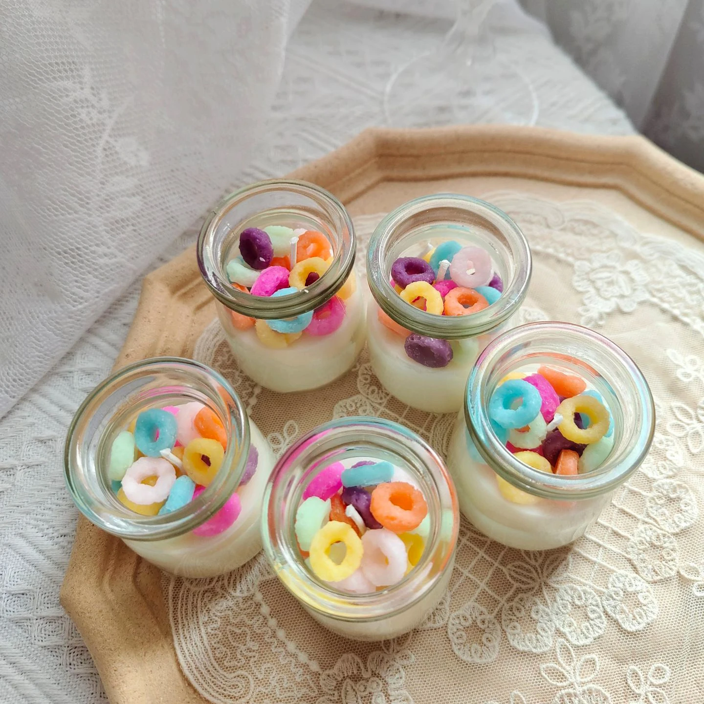 Soy Wax Fruit Loops Cereal Candles Cute Fun Scented Budding Glass Jar Candle for Dessert Lovers