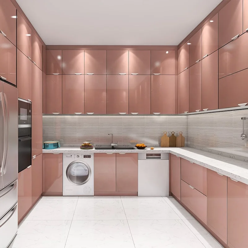 Italian Ready Made 42 Inch Apartment Luxury Commercial Acrylic Hpl U Shaped Modern UV Glass Diy Pink Kitchen Cabinet Villa