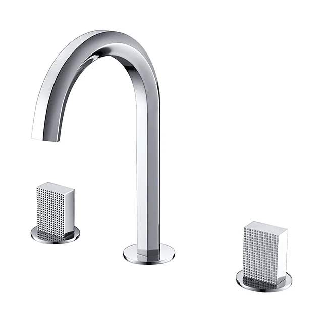 
Mirror Chrome Hexagon Gooseneck Spout 3 Holes Double Diamond Handles Widespread Luxury Bathroom Faucet 
