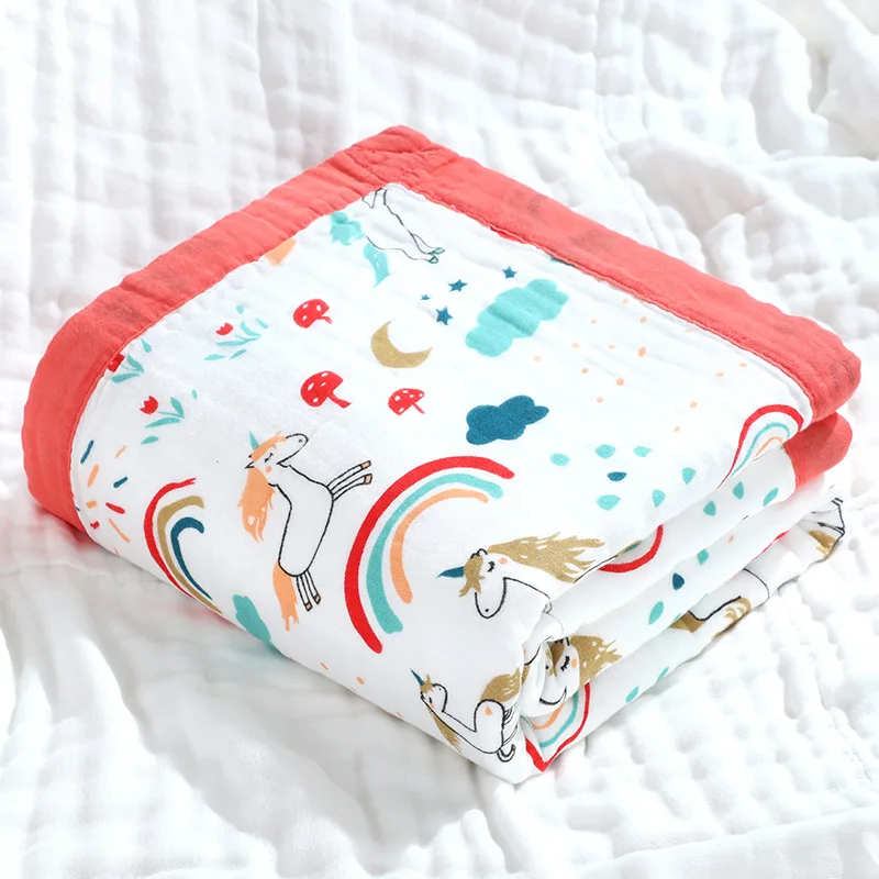 stock 110*110 cm 350 g/pc baby 6 layers muslin newborn quilt infant 100% cotton fabric swaddle blankets with colored border