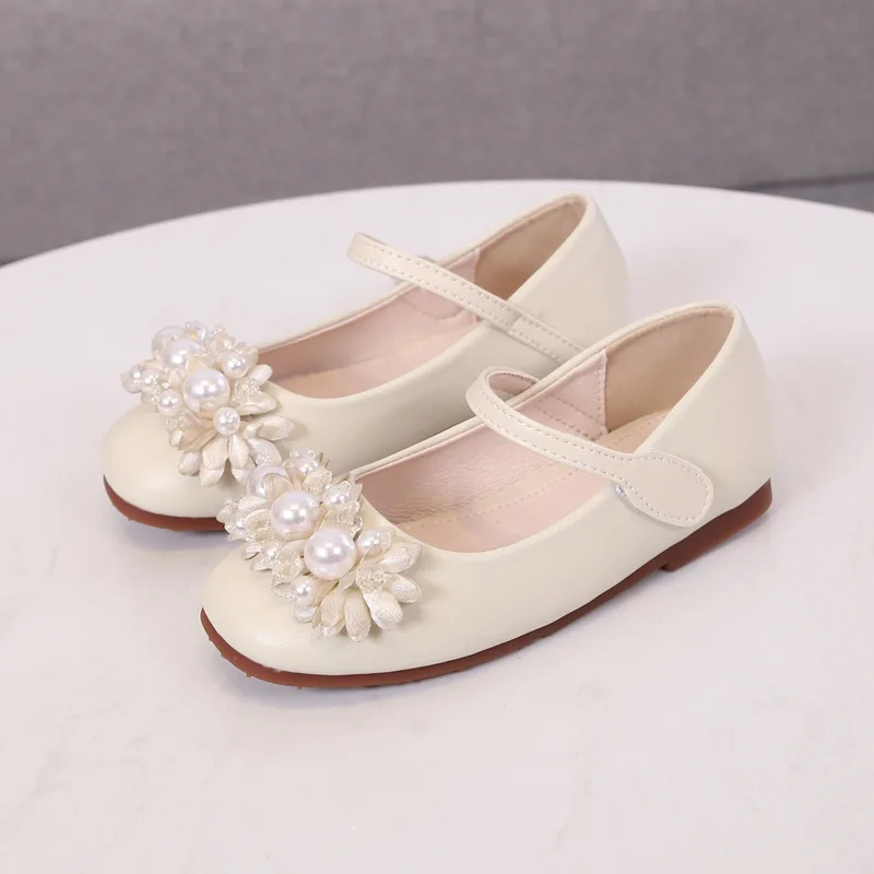 
fashion sweet pearl flowers casual flat soft princess performance dress shoes sandals for girls 